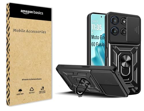 Image of amazon basics Tough Armor Moto Edge 60 Fusion Bumper Back Cover Case | Sliding Camera Cover, Kickstand & Ring Holder | 360 Protection Case for Moto Edge 60 Fusion (PC & TPU, Black)