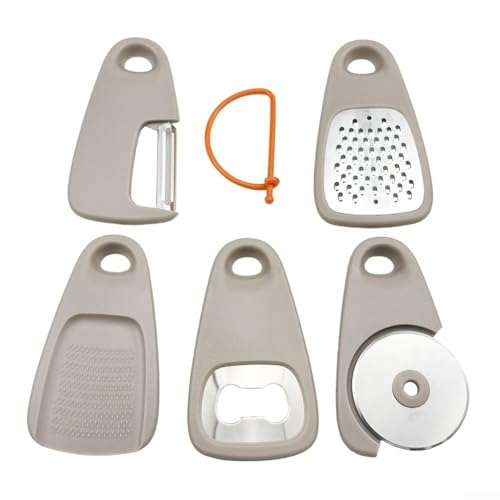 Set completo di utensili da cucina, 5 pezzi, con pelapatate per frutta, verdura, formaggio, cioccolato, grattugia tagliapizza, apribottiglie in ABS e acciaio inox (kaki)