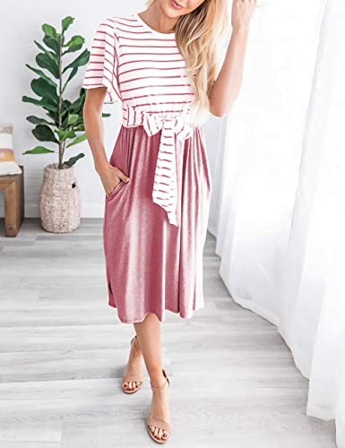 Merokeety Women's Summer Striped Ruffle Sleeves Tie Waist Crew Neck Casual Swing Midi Dress Dusty Pink #TOP2