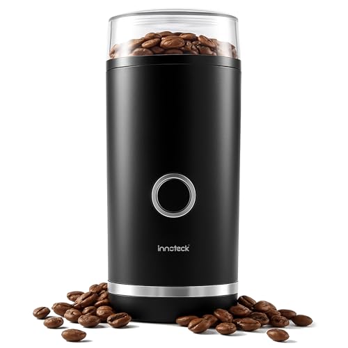 Innoteck Electric Coffee Grinder 180W, Stainless Steel Blades, One-Touch Operation, 70g Capacity, Fast Grinding for Coffee Beans, Spices, Herbs & Nuts, Powerful Copper Motor, Transparent Lid – Black