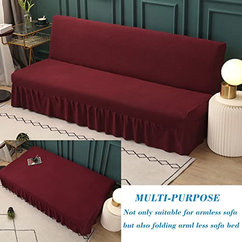 Stretch Armless Futon Cover With Skirt Ruffled Knitted Jacquard Futon Sofa Bed Cover Machine Washable Futon Couch Cover Futon Sofa Cover Furniture Bed Protector With Elastic Bottom For Kids,Pets (Red) #TOP1
