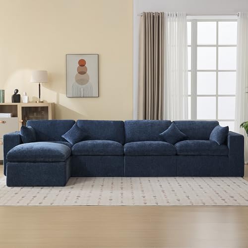 Image of 146''Cloud Boneless Sectional Couch, Modular Sectional Sofa Deep Seat with Ottoman, Oversized Upholstered Convertible Comfy 5 Seater Chenille Sofa L Shape Couches for Living Room, Navy