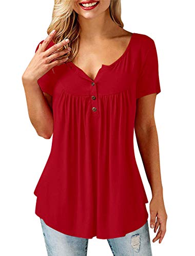 Voqeen Mujeres Túnica Tops Camisas Henley Casual Cuello en V Suelto Botón Plisado Blusa con Volantes Tallas Grandes para Damas