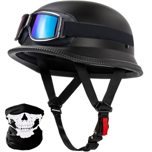Vintage Deutsche Motorrad Halbhelme Halbschalenhelm Mit ECE Motorradhelm Für Herren Retro Jethelm Öffnen Helm Mit Schutzbrille Für Bike Cruiser Chopper Moped Scooter Roller Helm A M 57~58CM