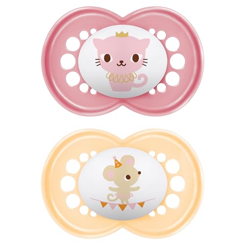 Image of MAM Original Baby Pacifier, Nipple Shape Helps Promote Healthy Oral Development, Sterilizer Case, 2 Pack, 6-16 Months, Crystal/Girl
