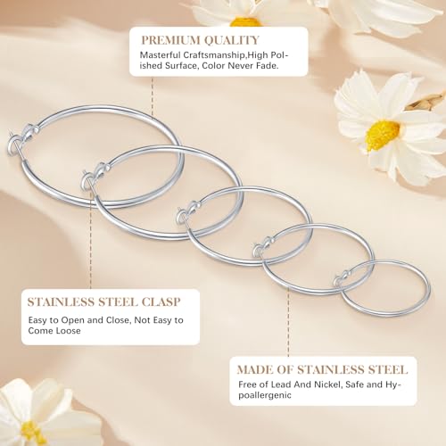 5 Pairs Stainless Steel Hoop Earrings, Big Thin Hypoallergenic Earrings for Women, Stylish Simple Hoop Earrings 30/40/50/60/70mm by Tedux - Image 3