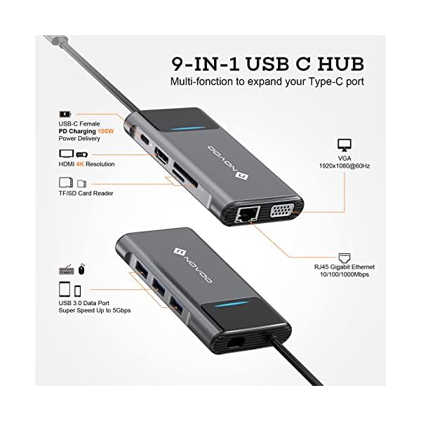 NOVOO USB C Hub Dual Display Docking Station 9-in-1 mit HDMI 4K, VGA, 3 USB 3.0,Typ C 100W PD,Gigabit Ethernet, SD/TF… – Bild 3