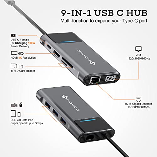 Image of NOVOO 9in1 ProUSB C Multiport 4K HDMI VGA Ethernet 1000Mbps, 100W PD Charging, 3 USB3.0, SD /TF Slots, Thunderbolt 3 Laptop Dock for MacBook, Windows Laptops, Dark Grey, (NVHUBSN09PLX)