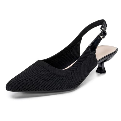 Image of youngshow Women's Slingback Kitten Heels for Work | Knit, Low Heels, Elastic Back Strap, Slip on, Pumps for Office, Wedding, Party