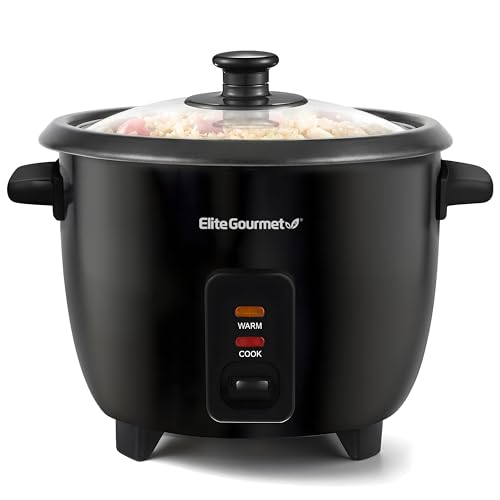 Elite Gourmet Electric Rice Cooker with Steam Tray and Non-Stick Inner Pot Makes Soups, Stews, Grains, Cereals, Keep Warm Feature, 6 Cups Cooked (3 Cups Uncooked), Black