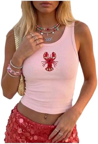 RoseSeek Women's Lobster Shirt Beaded Tank Top Ribbed Knit Tops