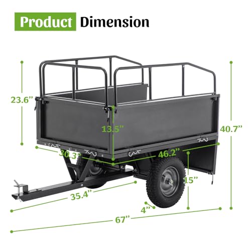Carretilla para construcción de acero resistente de 600 lbs, remolque volquete de 17 pies cúbicos, volteo con doble control, llantas todo terreno de 16" para ATV/tractor de césped miniatura 2