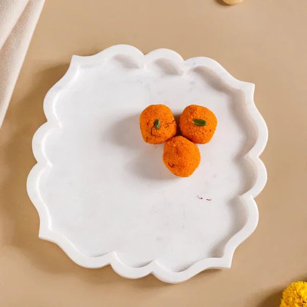 Image of B R & Sons Elegant Floral Design White Marble Serving Tray - Decorative Platter for Home Decor, Cheese Board, Dessert & Snacks - Handmade in India 8x8 Inches (White, Square Mehrab)