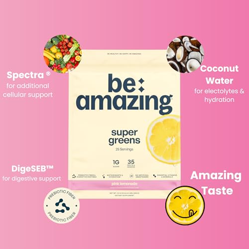Image of BE AMAZING Super Greens Powder with Prebiotics, Digestive Enzymes & Antioxidants, 35 Fruits & Veggies, Electrolytes & Fiber, Vegan, Gluten Free Juice & Smoothie Mix, Pink Lemonade, 25 Servings