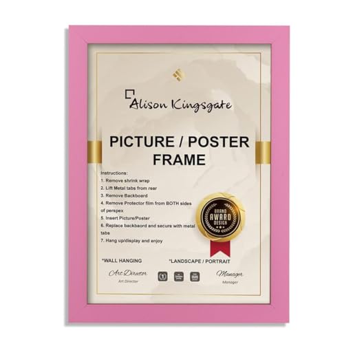 Alison Kingsgate Cadre photo A4 rose de 29,7 x 21 cm – Cadre photo A4 rose avec feuille de plexiglas transparent et crochets de fixation murale – Cadre photo A4 à afficher en portrait ou paysage