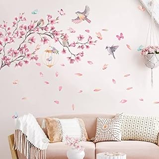 KAIRNE Pink Flowers Window Stickers for Bedrooms,Blossom Tree Branch Wall Art Stickers for Bedroom,Watercolor Birds Butterfly Wall Decal for Spring Window Stickers,Wall Decals for Girls Room(57 pcs)