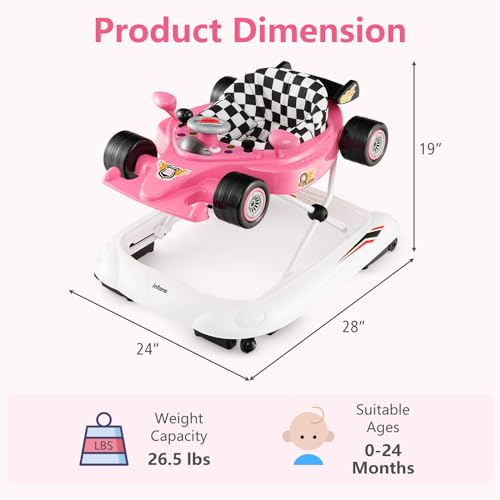 INFANS Foldable Baby Walker, 3 in 1 Toddler Activity Center Leaning-Seated Walk-Behind with Steering Wheel, Adjustable Height, Lights, Music, Washable Seat Cushion (Pink)