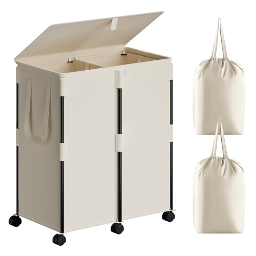 Gasvadivum 140L Double Laundry Hamper with Lid and 6 Wheels, Rolling Laundry Basket with 2 Removable Bags, Heavy Duty Metal Frame Clothes Cart, 2-Section Laundry Sorter for Bedroom, Bathroom (White) by Gasvadivum - Used condition - US$20.78