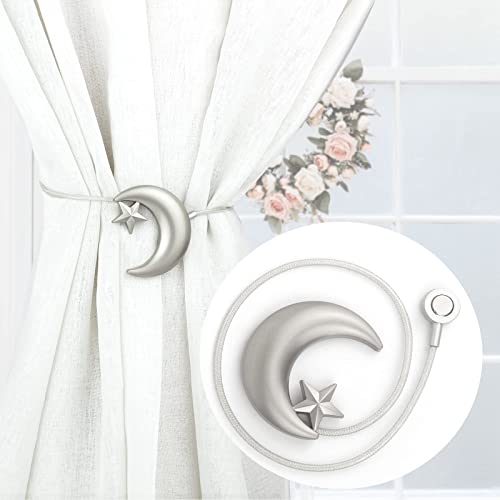 Canjuxk 2 Pack Curtain Tiebacks，Magnetic Curtain Tiebacks,Star Moon Curtain Decorative Weave Rope Curtain Holdbacks Holder For Window Decor, Curtain Clips Rope Straps Magnet For Home Office (Silver) #TOP1