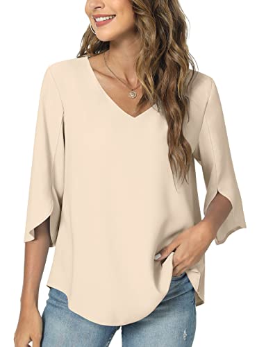 Taohuadao Womens 2023 Casual V-Neck Loose Tunic Top For Leggings 3/4 Sleeve Chiffon Blouse Shirt Tops 2X-Large, Khaki #TOP1