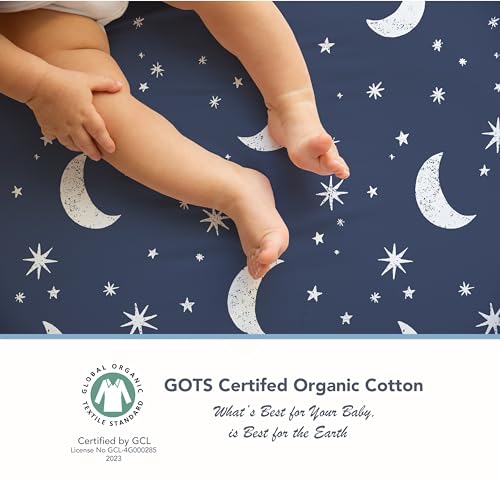 Image of 100% Organic Cotton Fitted Sheets Perfectly Compatible with Graco Pack n Play, Babyletto, Pamo Babe, Hiccapop, Dream on Me, Evenflo, Baby Trend Portable /Mini Crib /Playards. 2 Pk, Blue /Boy.