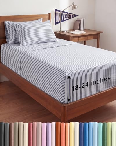 Image of Extra Deep Twin XL Sheet Set - 4 Piece Breathable & Cooling - Blue Stripes | Hotel Luxury Bed Sheets Set, Easy & Secure Fit, Ultra-Soft, Wrinkle & Fade Free, Comfy Sheets Set with Extra Deep Pockets