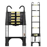 Telescoping Ladder 10.5 FT with 2 Detachable Roof Hooks Aluminum Telescopic Extension Ladder with 2 Triangle Stabilizers, Multi-Purpose Collapsible Ladder for Household and Outdoor Working