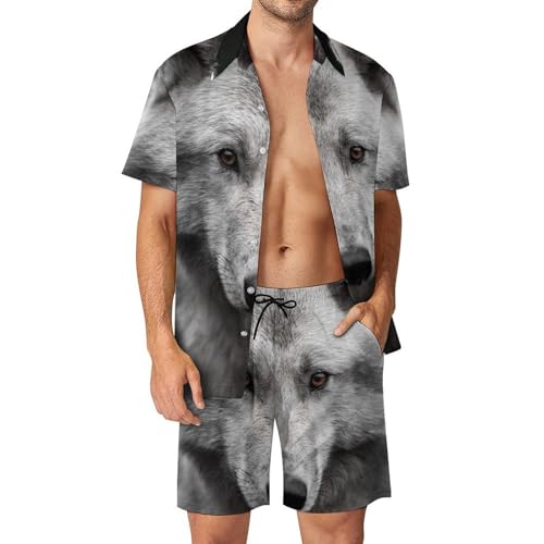 Ensemble Loup Noir et Blanc : chemise hawaïenne, short et pantalon pour homme