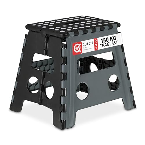Taburete Plegable Relaxdays, de Camping y baño para niños, hasta 150 kg, plástico, HBT: 30x37x29 cm, Gris/Negro