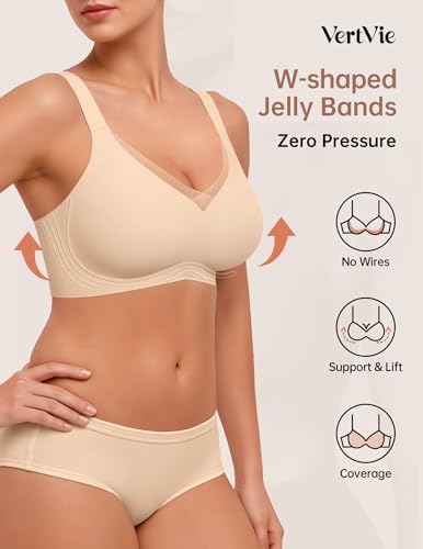 Image of Vertvie Wireless Jelly Bra Seamless Supportive Crossover | Full Coverage & Lift, Mesh V-Neck, No Underwire, Back Smoothing, Push Up, Plus Size, All-Age Comfort, Everyday T-shirt Bra