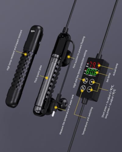 Image of SEAOURA Small Aquarium Heater, 50W Fish Tank Heater 5-10 Gallon, Temp Probe | Adjustable Max & Min Temp Protection, 5.7 IN Submersible Heater with Auto Power-Off Intelligent Controller Fresh /Saltwater