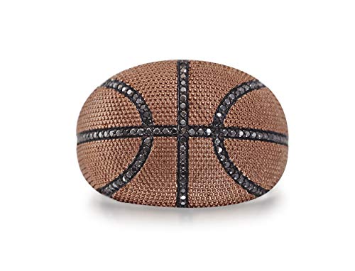 Image of Adrenaline Rush Slam Dunk Basketball Brown Rhodium Plated Sterling Silver Black Diamond Ring