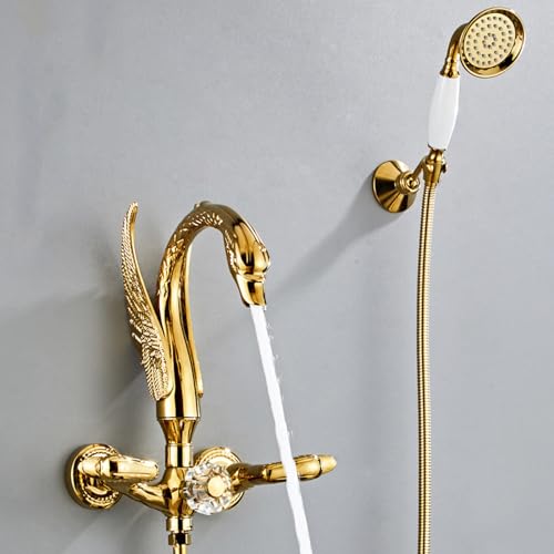 Grifería para bañera, juego de grifo con 2 funciones con ducha manual, cuerpo de latón, montaje de pared, grifo de bañera con agua fría y caliente, diseño de cisne miniatura 3