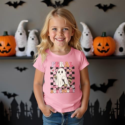 CM C&M WODRO Toddler Girl Halloween T-Shirt Feral But Spooky Shirt Short Sleeve Funny Kids Raccoon Ghost Graphic Tee Tops4