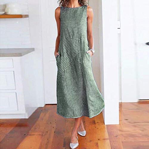Vestido longo casual listrado de linho de algodão sem mangas Romacci, Verde, L