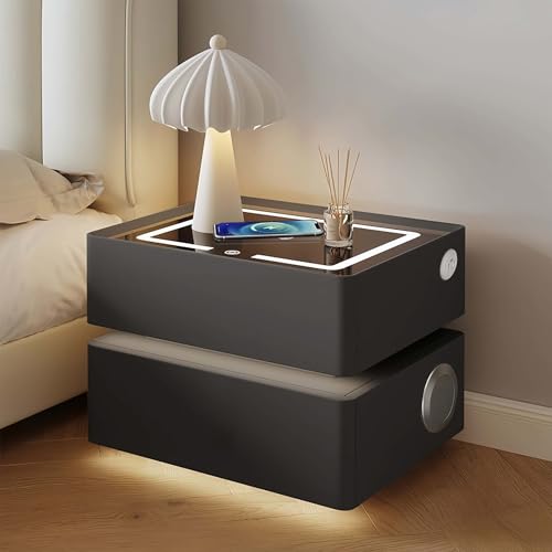 Comodino con LED, 3 luci dimmerabili, Smart, 2 cassetti, USB...