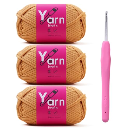 Image of Crochet Yarn 150g /163.5yds Cotton Yarn for Crocheting - Crochet Knitting Yarn for Beginners with Easy-to-See Stitches - Yarn for Crocheting - Parfait Chunky Yarn -Cotton-Nylon Blend (Khaki)