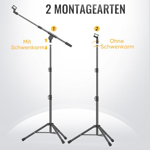 GLEAM Mikrofonständer für leichte Mikrofone unter 0.5kg - Stativ-Boomarm-Mikrofonständer mit Tragetasche, 2 Mikrofonklemmen und Schraubenadapter - Tragbar für Gesangsauftritte