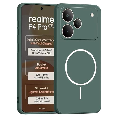 Image of amazon basics Back Cover for Realme P4 Pro 5G | Ultra Slim Soft Rubberised Case | Magsafe Logo Printed (Not Magsafe Compatible) | Camera Protection - Green