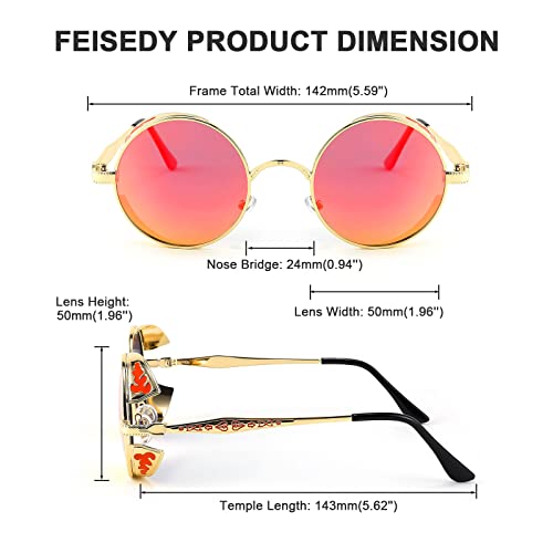 FEISEDY Retro Steampunk Polarized Sunglasses for Men Women, Round Metal Frame Gothic Vintage Style B28203