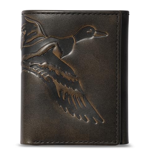 Image of House of Jack Co. Duck Men's Trifold Wallet, Full Grain Leather Hunting Wallet with ID Window, 8 Card Slots, Camo Lining, Embossed Duck, Duck Hunter Gift, Black