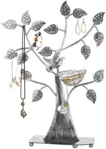 Miniatura 8 de MyGift Árbol de joyería de metal plateado con nido de pájaro, capacidad para hasta 48 pares de aretes