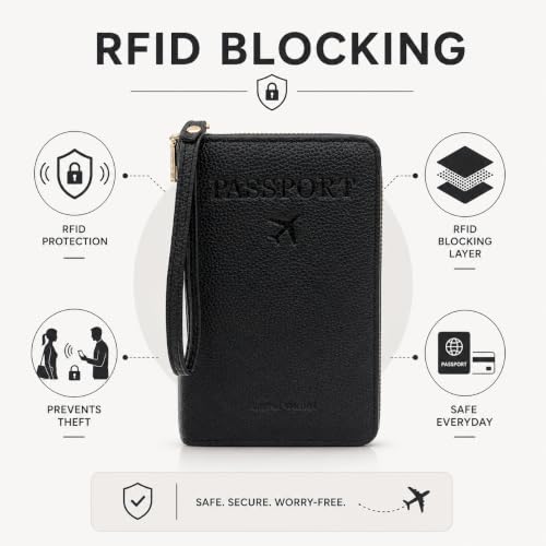 Image of Mensch Faux Leather Travel Passport Holder, RFID Blocking Premium Travel Document Organiser with Secure Zipper Closure Passport Cover & Travel Accessories for Men & Women (Black)
