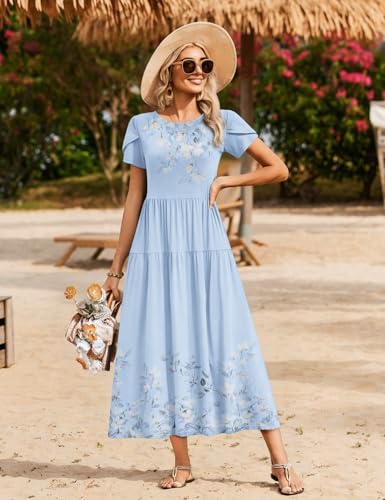 Image of Zeagoo Summer Dresses for Women 2026 Maxi Bohemian Floral Short Sleeve Long Dress Casual Flowy Tired Beach Sundress
