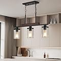 Kitchen Island Lighting,3-Lights Rectangle Farmhouse Dining Room Light Fixture Over Table,Wood Pendant Lights Kitchen Island,Black Wood Linear Chandelier Ceiling Hanging with Glass Shades