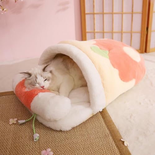 【Wixero】枕付き 和風さくら猫寝袋 洞窟型 ペットベッド 柔らかく暖かい 7.5kg 未満対応 取り外し可能 洗える 広面積O20