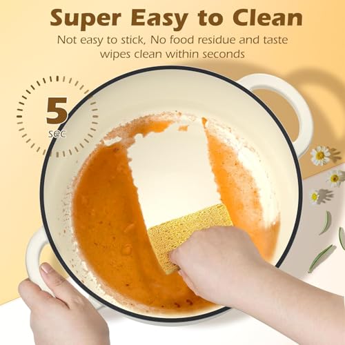 Enamelled Cast Iron Round Casserole Pot with Lid & Cotton Potholders - 26cm 4.75L Non-Stick Dutch Oven - Sturdy Dutch Oven Cookware for Bread Baking, Braising, Stews, Roasting - Cream White, 5QT - Image 5