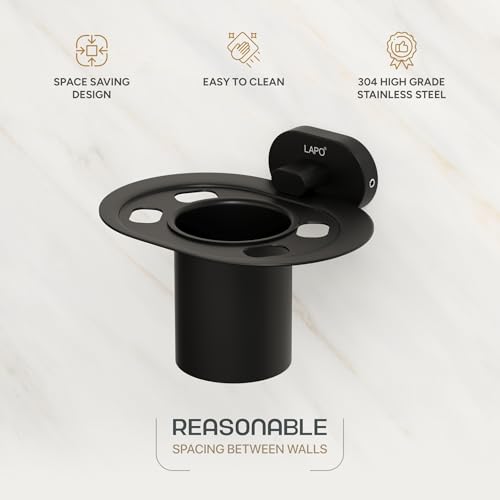Image of LAPO Modern Tumbler Holder for Bathroom, 304 Stainless Steel Wall Mounted Cup Stand for Toothbrush & Daily Essentials, 25 Years Warranty (Black Finish) - KIK