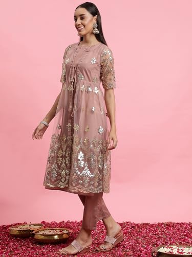 Image of INDO ERA Women's Net Ethnic A-Line Kurta Pant Set