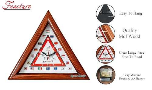 Image of LINE Wood - Antique Wooden Wall Clock - Triangular Shape Multi-Country World Clock with Time Zones Vintage Style for Home, Office, Bedroom, Hall, Living Room, Farmhouse Decor (12 INCH)